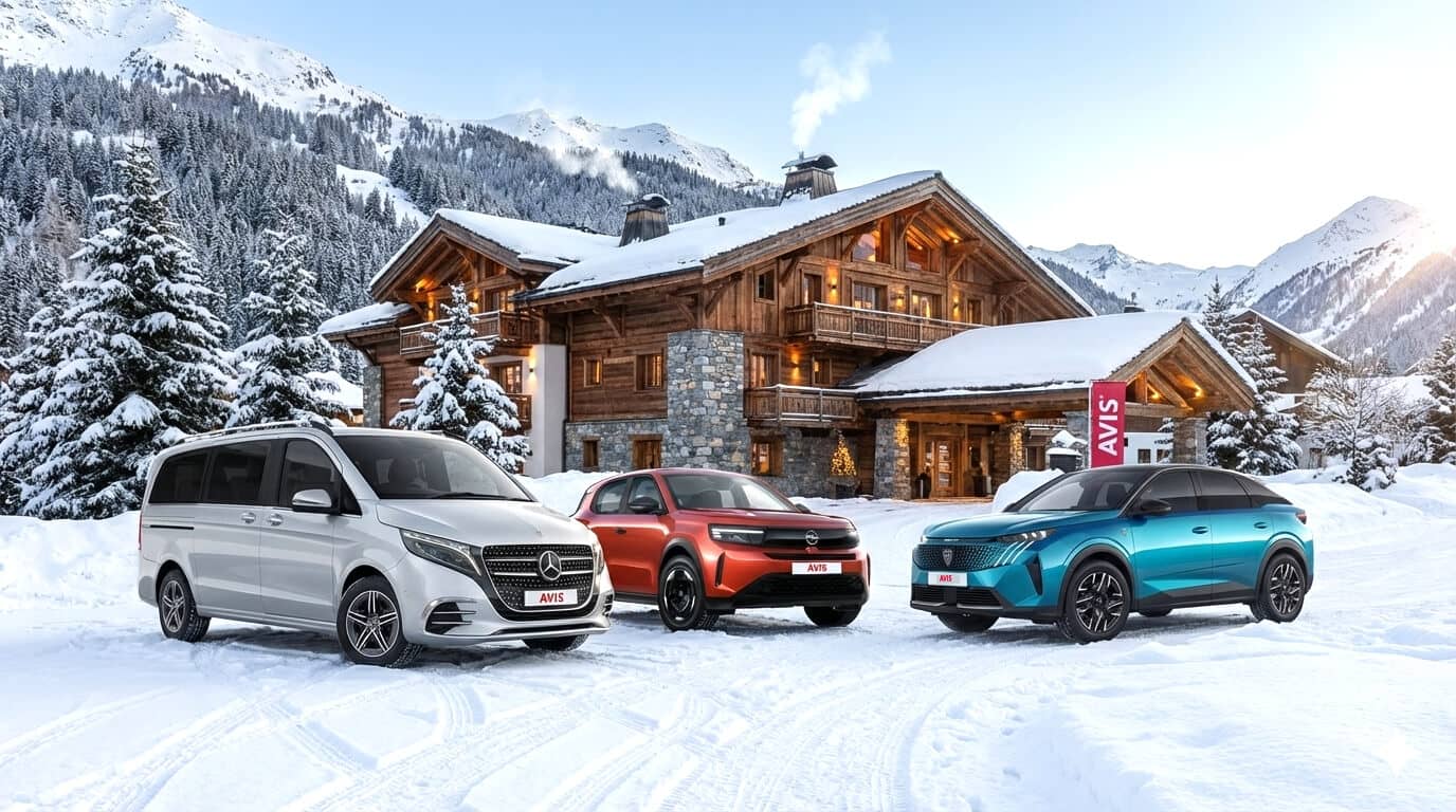 Mercedes-V-Class-opel-frontera-Peugeot-3008-stoja-pred-zasnezenym-hotelom-v-horach